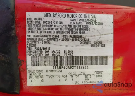 2002 Ford Thunderbird из США, поврежденный, VIN 1FAHP60A02Y115265